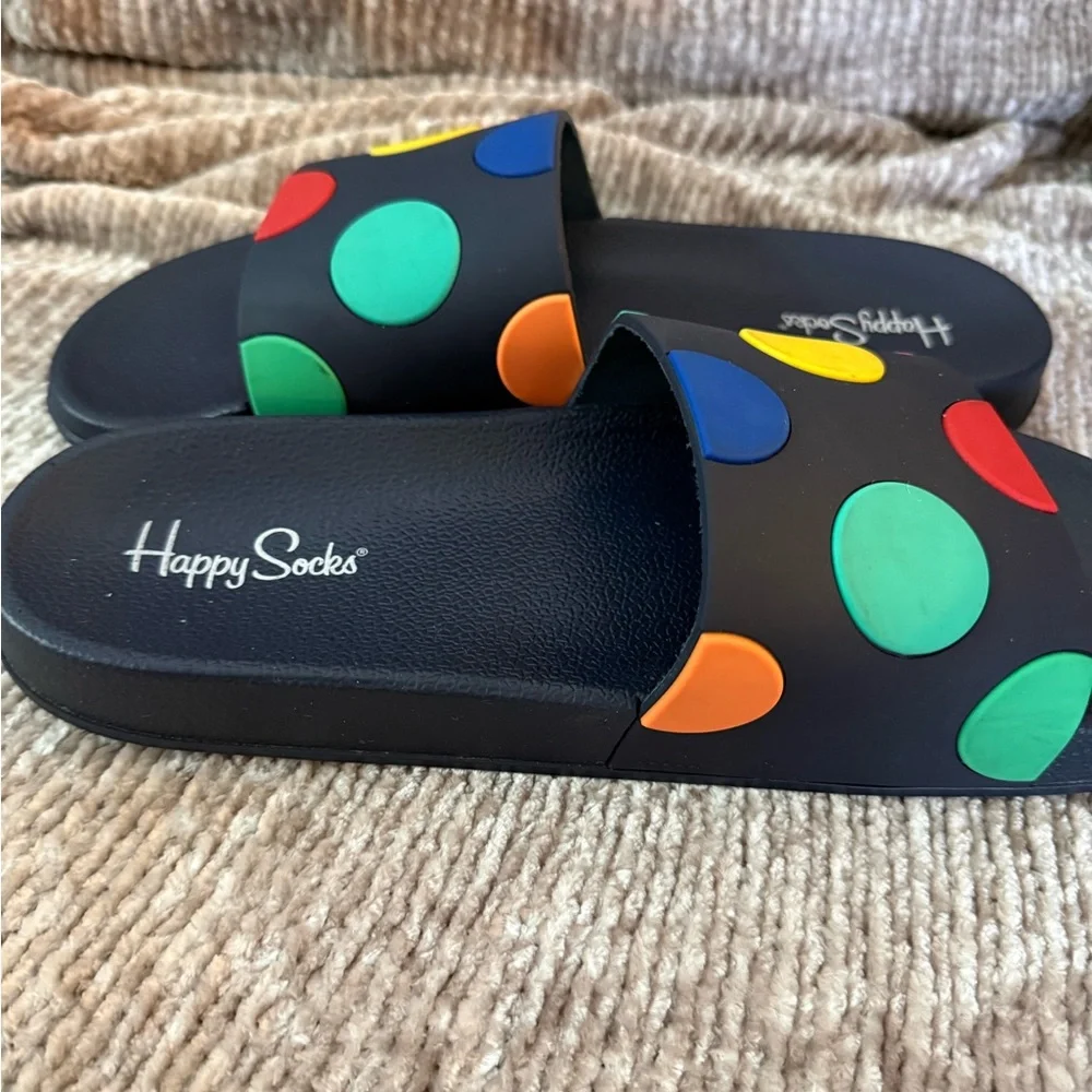 HAPPY SOCKS Men's Big Colorful Dots Comfortable Slides Size 8.5-9.5 EUC - Picture 3 of 6